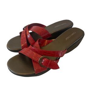 Cabin Creek Red Slip-On Rubber Sole Wedges w/Adjustable Strap & Pewter Buckle